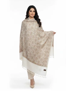 Luxury Embroidered Kashmiri Shawl Scarf Stole White Gold/Copper Paisley Floral